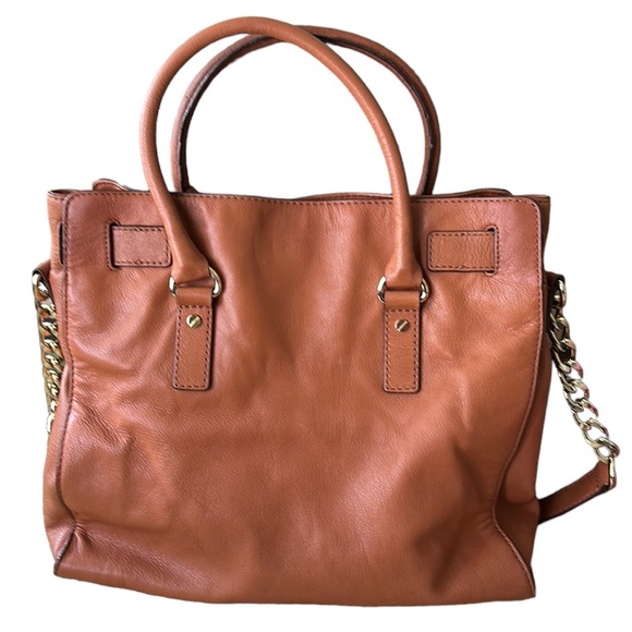 Michael Kors Hamilton Brown Tan Leather Gold Chain Strap Tote Shoulder Bag - Picture 7 of 15